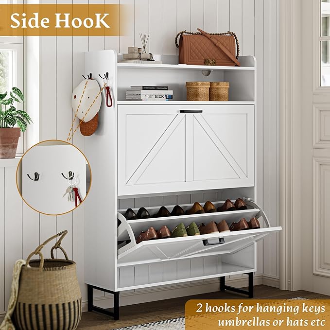 Shoe Cabinet with 2 Flip Drawers, 45" Freestanding Narrow Wood Shoe Storage Cabinet with Metal Legs and Hooks, Slim Shoe Rack Organizer for Entryway, Hallway, White