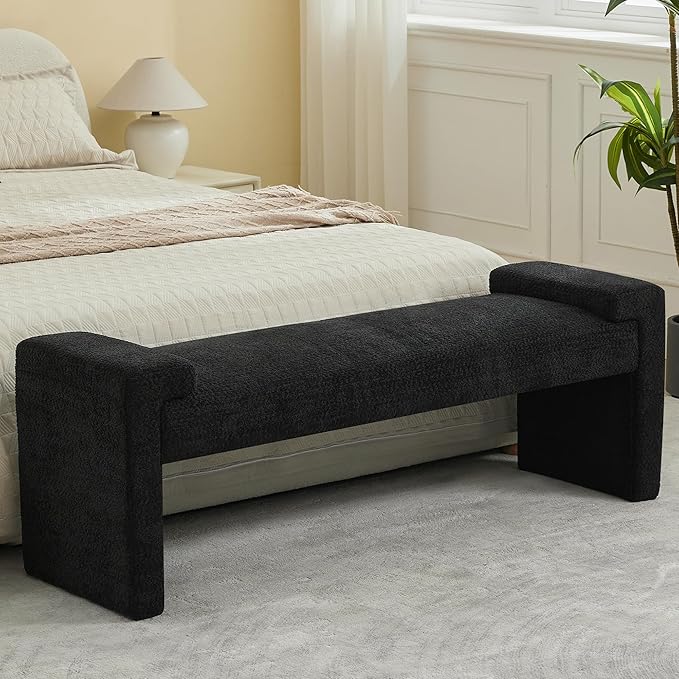 58.7" End of Bed Upholstered Bench Modern Bedroom Bench for Living Room & Entryway, Easy Assembly, Footrest Ottoman Accent Window Bench with Solid Wood Frame & Curved Arm, Black