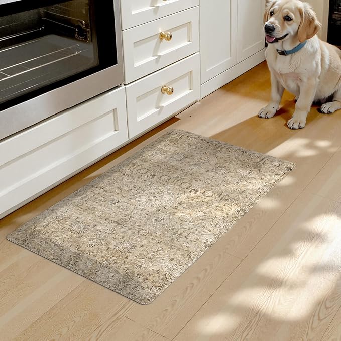 Collive Anti Fatigue Kitchen Mats for Floor, Waterproof Kitchens Sink Rugs Cushioned Comfort Standing Desk Mat, Khaki Vintage Non Slip Floral Foam Rug for Laundry, House, Office, 17.3''x28''