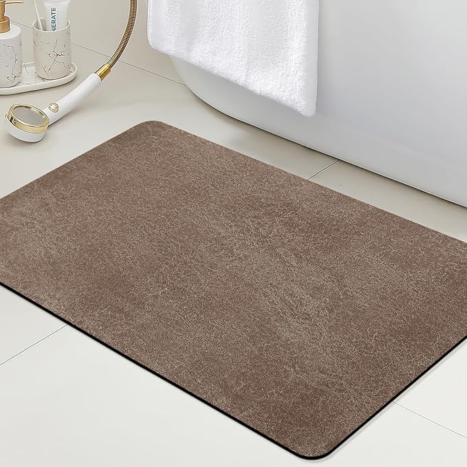 Ultra Thin Bath Mat, Upgrade Backing Non Slip Thin Bath Mats Fit Under Door, Quick Dry Ultra Absorbent Bathroom Rugs, Machine Washable Bath Rugs for Bathroom, Bathtub & Kitchen, Brown/Marble/24"x17"