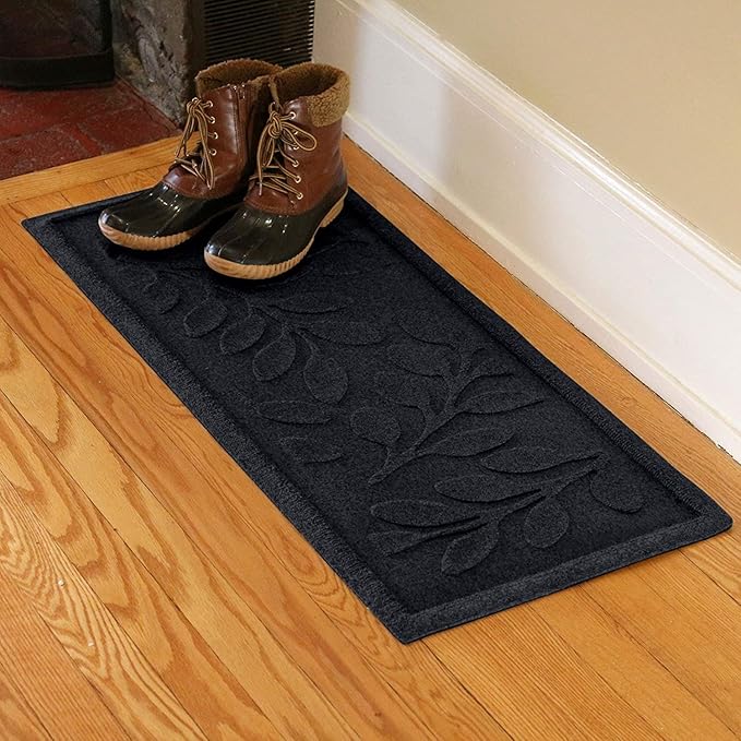 Bungalow Flooring Waterhog Indoor/Outdoor Boot Tray, 15 by 36 inches, Made in USA, Skid Resistant, Easy to Clean, Catches Water and Debris, Brittney Leaf Pattern, Charcoal
