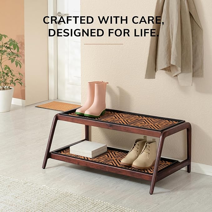 Anji Mountain Heavy Duty Waterproof Wooden Shoe Storage Mat Organizer/Boot Storage Tray Multi Use for Entryway with Coir, Tan and Black Tribal Insert, 2 Tier, Fits 6 Pair (36.5" Wide)