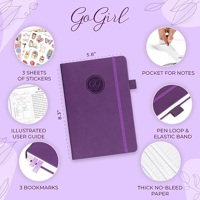 GoGirl Self-care Journal – Daily Mental Health Notebook with Mood & Wellness Trackers – Personal Development, Meditation & Reflection Journal for Women – Hardcover, Lasts 3 Months (Purple)