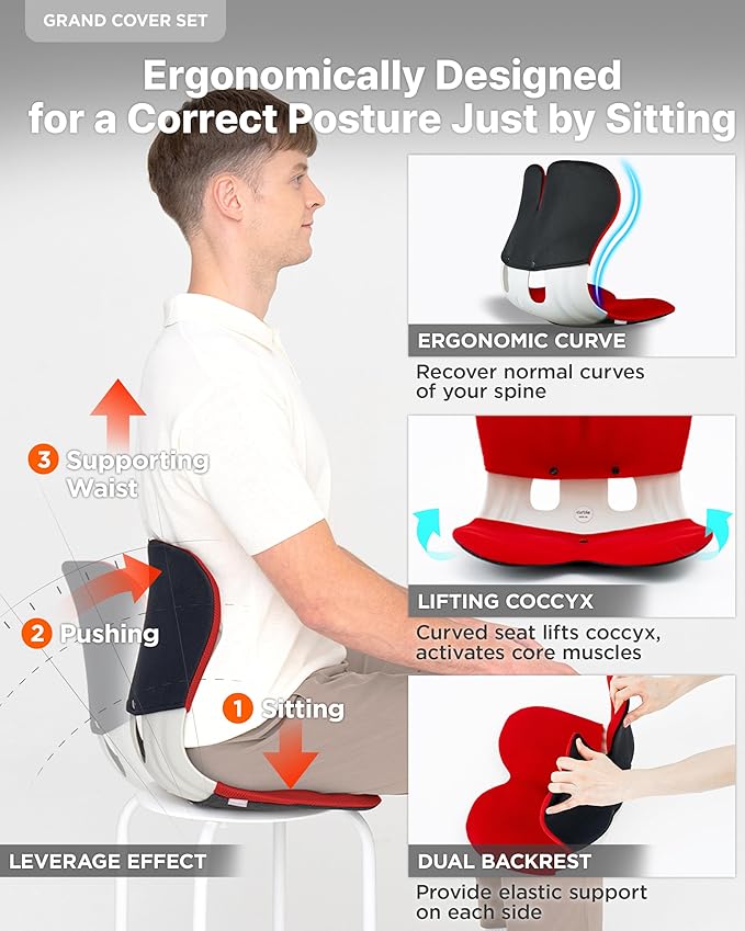 curble Grand(Extra Wide&Sturdy) Cover Set – Ergonomic Back Support Chair & Detachable Cover, Lumbar Support for Posture Corrector and Low Back Pain Relief, Perfect for Home Office Desk Chair(Set Red)
