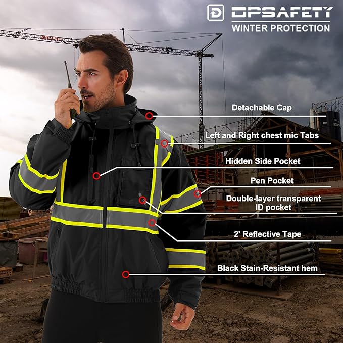 Hi Vis Safety jacket for men,Reflective high Visibility Hooded jacket,Work Bomber Jacket with Pockets and Zipper,Waterproof,ANSI Class 3 Black,6XL