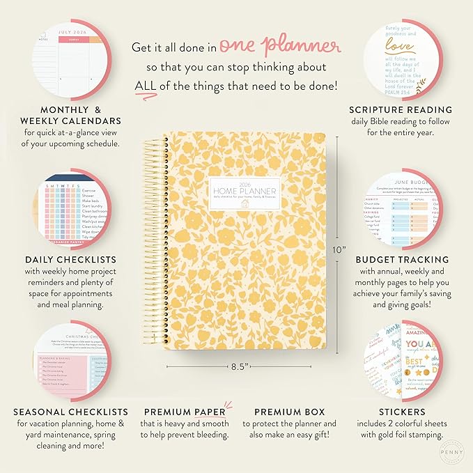PPP Home Planner 2026 | 12-Month Weekly Calendar (Sunday Start) | Monthly Review & Seasonal Checklists | Budgeting & Savings Worksheets | Daily Bible Reading Plan | Checklists for Routines and Goals
