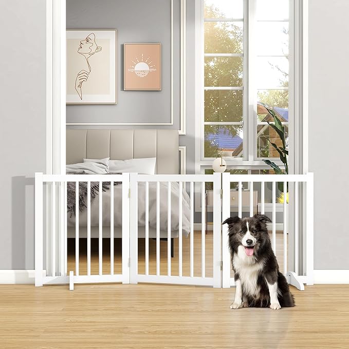 Indoor Dog Gate,Wooden Freestanding Dog Gate for Stairs or Doorways-3 Panels 24" - Folding Solid Wood Safety Pet Fence with 2 Support Feet-White Color