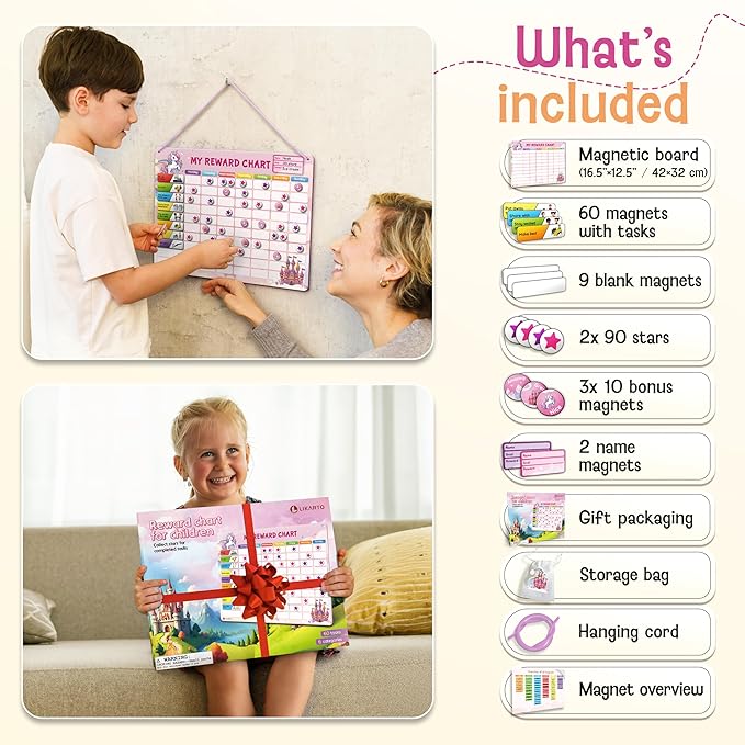 Magnetic Reward Chart for Kids with 280 Magnets - Behavior Chart for Kids at Home - Responsibility Reward Chart - Chore Chart - Visual Schedule - Ideal for Ages 3-9, Autism, ADHD - Pink