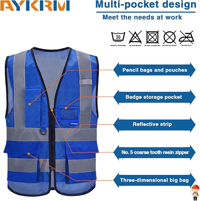 A-SAFETY High Visibility Mesh Safety Reflective Vest with Pockets and Zipper,Hi Viz Work Vest for Men Women (Blue Mesh M)