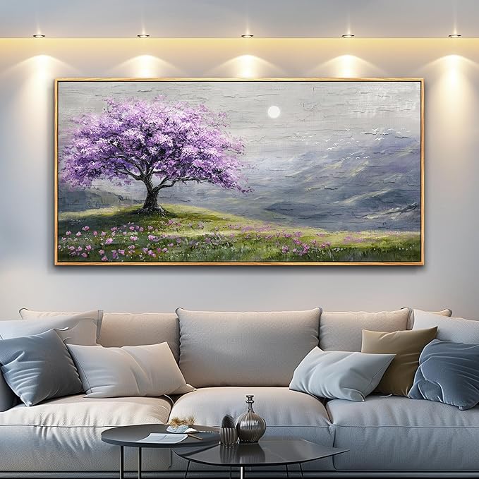 FUHAIHUA Wood Framed Canvas Wall Art For Living Room Large Wall Decor For Office Bedroom Decorations Purple Tree Pictures Farmhouse Painting Artwork Room Wall Mural Aesthetic Home Decor 30x60 In