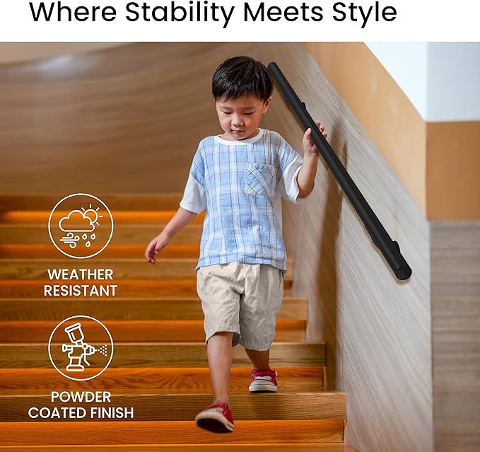 Meranti Aluminum Handrail for Indoor or Outdoor Steps and Stairs – Hand Rails for Elderly – DIY Complete Stair Railing Kit (AHR, Black, 9' Length)