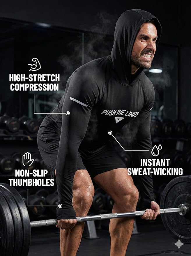 3-Pack Men's Compression Hoodie with Mask - Long Sleeve Winter Base Layer & Running Shirt - Sun Protection Fishing Gear