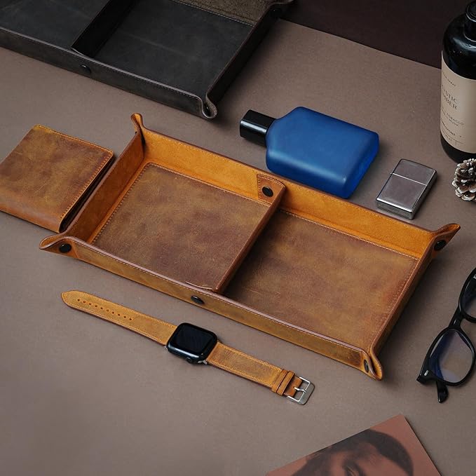 Handmade Leather Catch All Tray and Organizer for Keys, Phones, Jewels, Coins, Rectangular, Deep Black