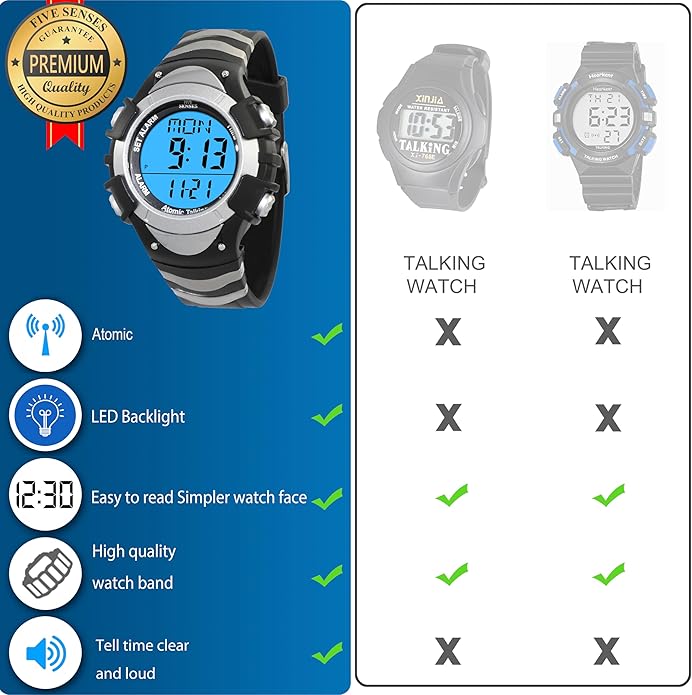 FIVE SENSES Atomic English Talking Watch for Seniors Men and Women Talking with Day-Date Loud Alarm Clock Visually Impaired (Silver)