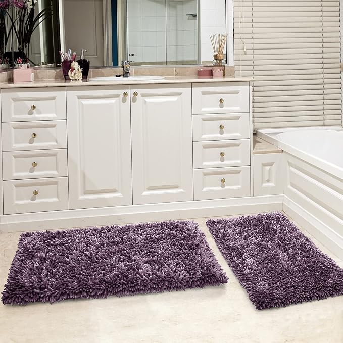 Yimobra Bathroom Rug Set 2 Piece, Luxury Shaggy Bath Mat Set with Non Slip Backing, Ultra Soft & Absorbent Mats for Bathroom Floor, Machine Washable, 44"x24"+24"x17", Dark Purple