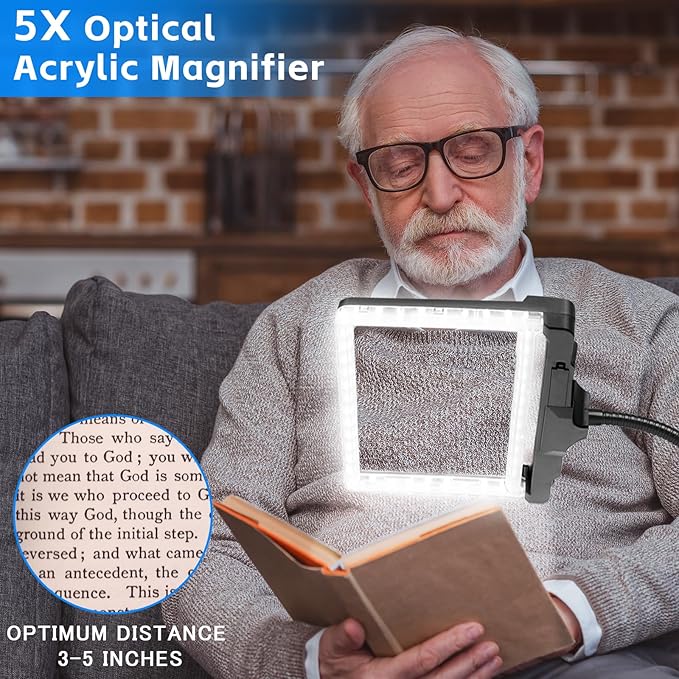 5X Large Magnifying Glass with 42 LED Light and Stand, Flexible Gooseneck Magnifying Desk Lamp,2-in-1 Adjustable Brightness Detachable Page Magnifier for Reading,Crafts,Painting,Sewing,Close Work