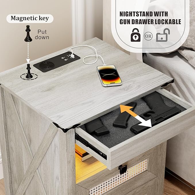 Grey Night Stand Set 2 with Gun Drawer, Bedside Table with Charging Station, LED Nightstand with Human Sensor Light, Farmhouse End Table for Bedroom Living Room