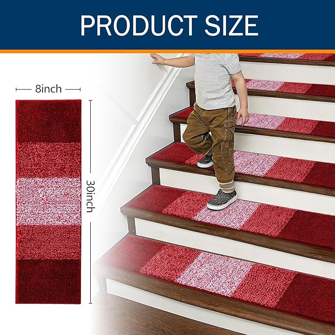 OLANLY Stair Treads Non Slip 15PCS, 8" x 30" Indoor Stair Runners for Wooden Steps, Edging Stair Rugs with Reusable Peel and Stick Adhesive for Kids Elders and Pets, Burgundy