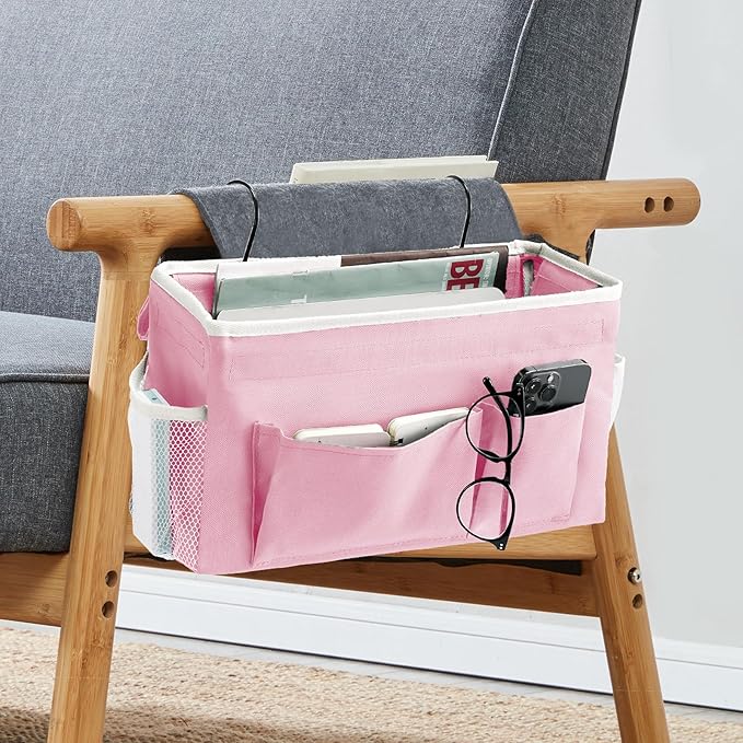 YOUDENOVA Bedside Caddy with 5 Pocket, Bedside Storage Organizer for College, Dorm Bed, Bunk Bed, Pink