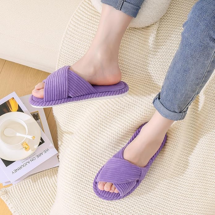 Evshine Fall House Slippers for Women Corduroy Cross Bow Indoor Slippers Open Toe Slip On Bedroom Shoes with Memory Foam