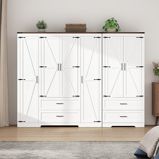 6 Doors Wardrobe Armoire Closet with Doors and Drawers, Farmhouse Wooden Armoire Storage Cabinet with Shelves for Bedroom, White