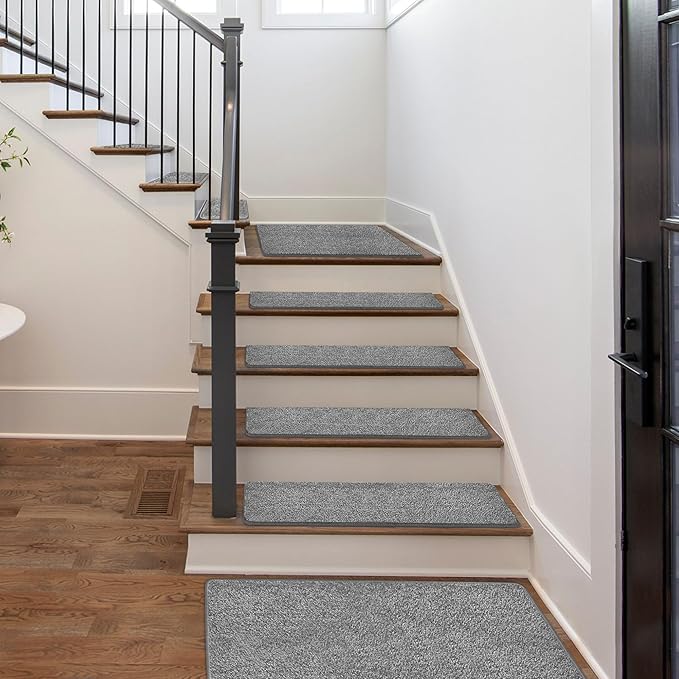 PURE ERA Carpet Stair Treads Tape Free Non Slip Indoor Stair Carpet Stair Protectors Pet-Friendly Non-Slip Skid Resistant Washable Reusable 8" x 30"(2 Pieces,Gray)