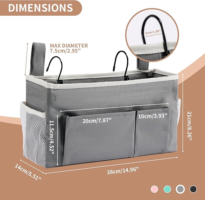 YOUDENOVA Bedside Caddy with 5 Pocket, Bedside Storage Organizer for College, Dorm Bed, Bunk Bed, Grey
