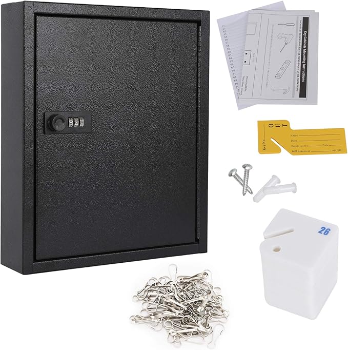 KYODOLED Locking Key Cabinet, 60 Key Storage Lock Box with Code, Key Box Wall Mount with Combination Lock, Key Hooks & Tags Key Labels(Black,60 Key)
