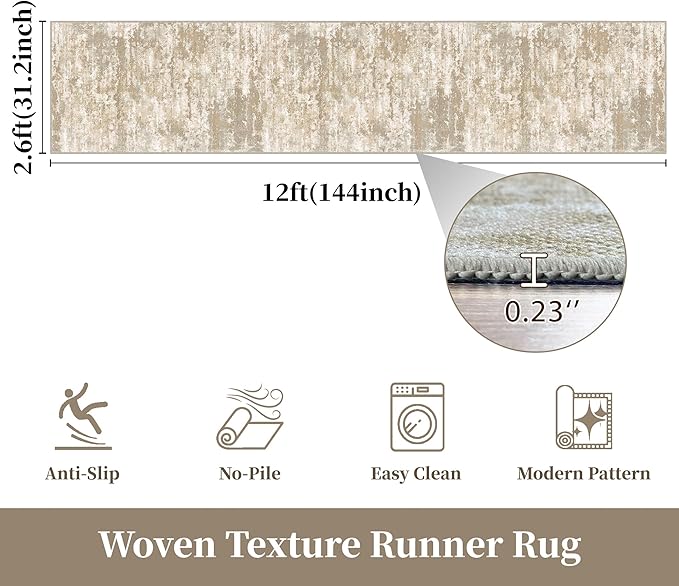 Kitchen Rugs Ultra Non-Slip 2.6x12 Washable Runner Rug Abstract Tear and Stain Resistance No Pile Lightweight Runners for Entryway, Hallway, Walkway, Bedside, Entrance, Beige/Yellow
