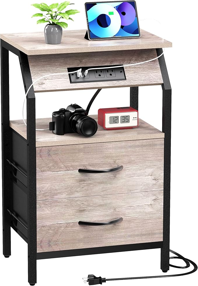 Storage End Table, Charging Nightstand with 2 Drawers, Small Fabric Dresser for Bedside, Wood and Metal Side Table for Living Room, Dorm, Grey Oak
