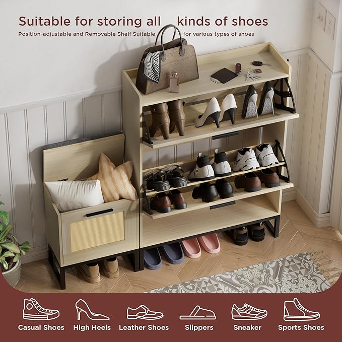 Maupvit Shoe Storage Cabinet with Bench,Rattan Entryway Shoe Storage Bench with 2 Flip Drawers and Hanging Hooks,Narrow Slim Shoe Cabinet for Entryway,Living Room,Hallway,Natural Oak