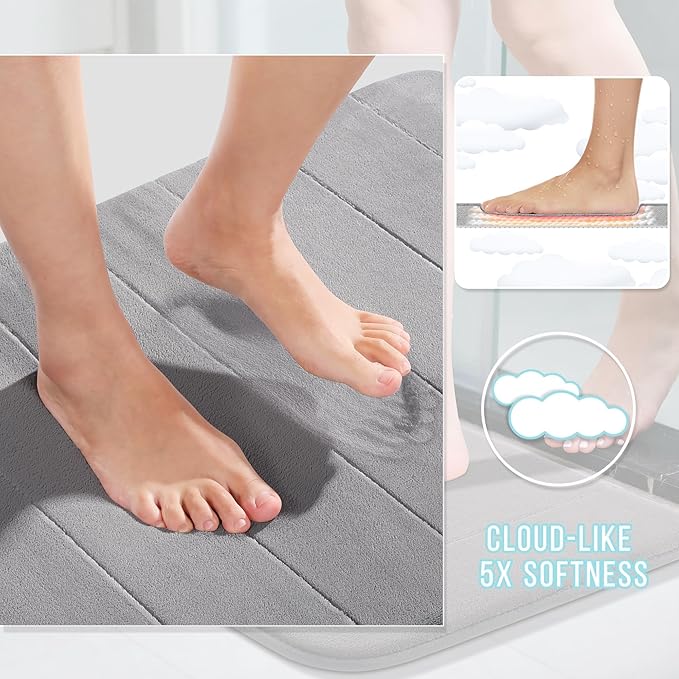 Yimobra 3 Pieces Memory Foam Bath Mat Set with U-Shaped Toilet Rug - Non Slip Super Soft Absorbent Quick Dry Bathroom Rugs for Bathtub, Vanity & Toilet Base, Gray