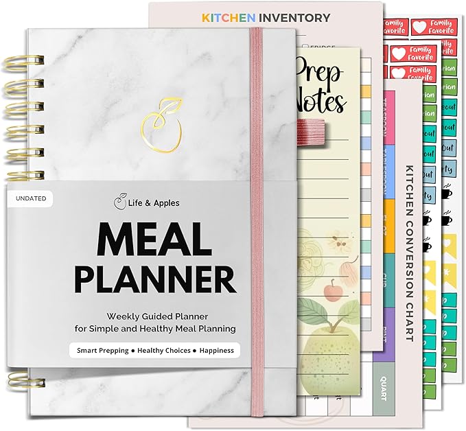 Life & Apples Meal Planner with Grocery List – Undated Weekly Menu & Meal Prep Notebook for Women & Men, Healthy Eating & Weight Loss Planner, 52-Week Spiral Bound Journal, Marble
