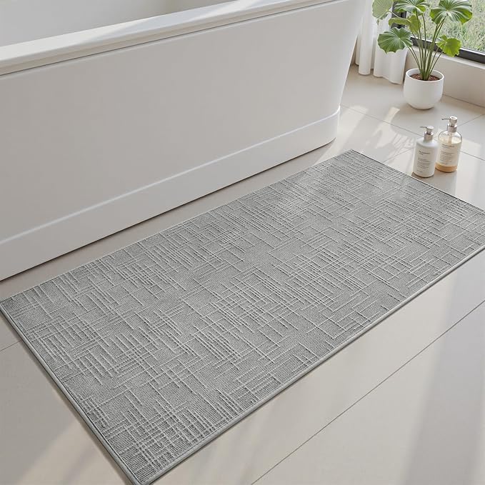 AMOAMI Bath Mat Non Slip Super Absorbent Quick Dry Bath Mats for Bathroom Floor Rubber Backing Washable Bathroom Rugs Modern Woven Jacquard Mat, Beside Tub Bath Rugs, 2'x4', LightGrey