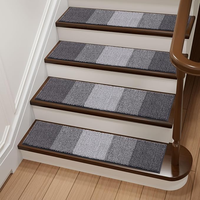 OLANLY Stair Treads Non Slip 4PCS, 8" x 30" Indoor Stair Runners for Wooden Steps, Edging Stair Rugs with Reusable Peel and Stick Adhesive for Kids Elders and Pets, Grey
