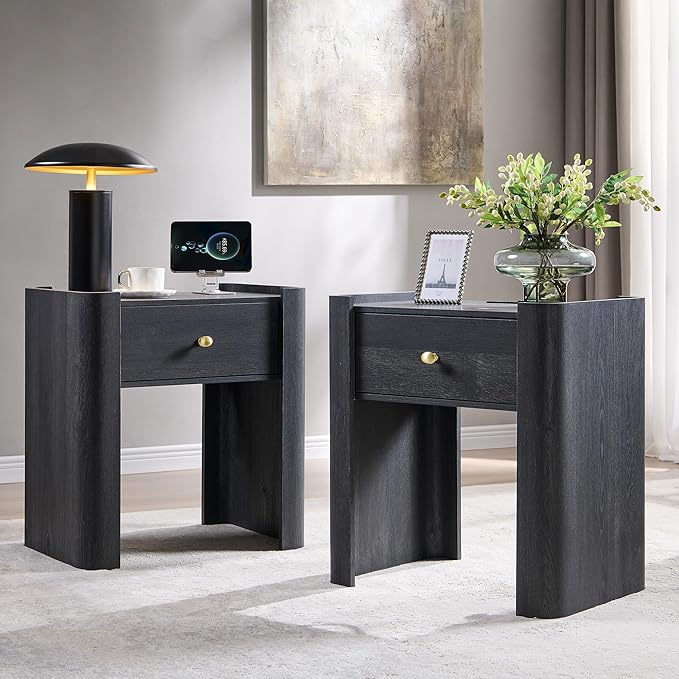 23.6" Tall Modern Nightstand Set of 2, 22" Wide Curved Bedside Table with Charging Station, Wooden Night Stand with 1 Storage Drawer, Large End Table for Bedroom, Living Room, Dark Grey