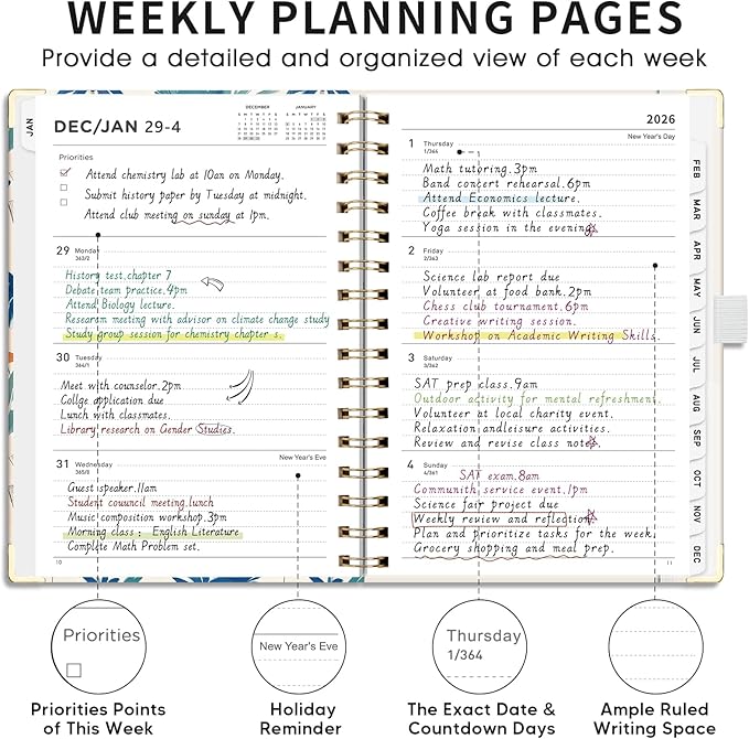 AHGXG 2026 Planner, Weekly and Monthly Planner for Women, Jan 2026 - Dec 2026, Medium Size (5.7" x 8.3"), Calendar 2026, Hardcover with Monthly Tabs, Spiral-Bound, 100 GSM Thick Paper, Blue-Beach
