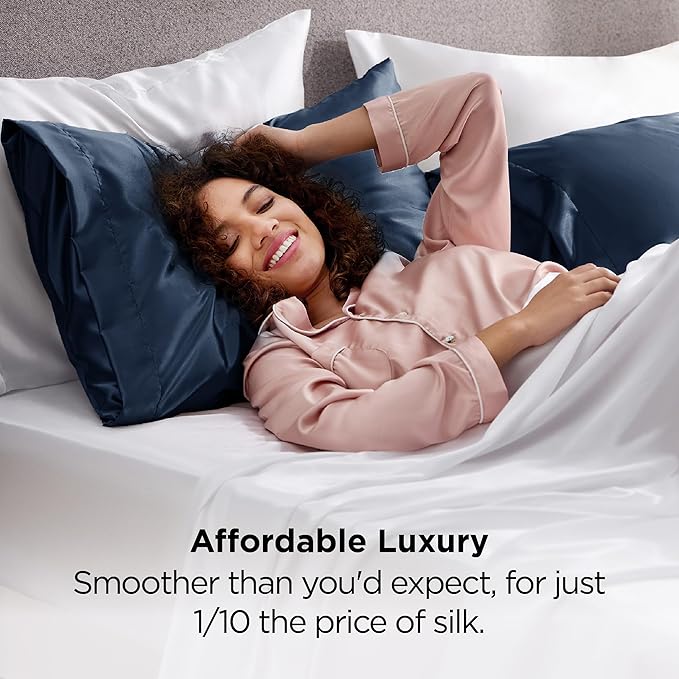 Bedsure Satin Pillowcase 2 Pack Similar to Silk Pillow Cases Standard Size, Pillow Case for Sleeping Women with Envelope Closure, Gifts for Women Men, Blue, 20x26 Inches