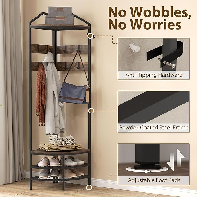 HOMCOM Corner Hall Tree, Industrial 4-Tier Coat Rack with Shoe Storage, 8 Movable Hooks and 2 Storage Shelves, Freestanding Entryway Coat Rack with Steel Frame for Hallway, Rustic Brown