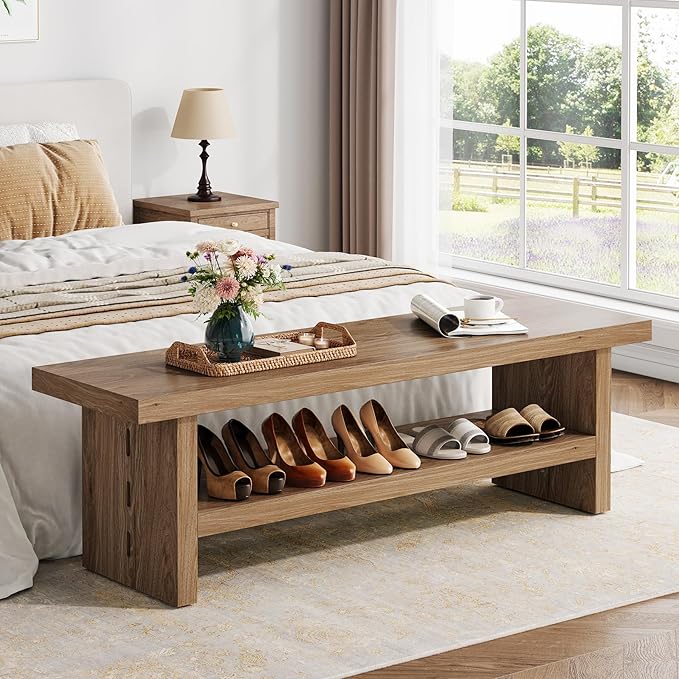 2 Tier Entryway Bench, 47.24" Shoe Bench, Rustic Shoe Rack, Wooden Storage Bench for Entryway Hallway Living Room Bedroom, Easy Assembly, Oak Color