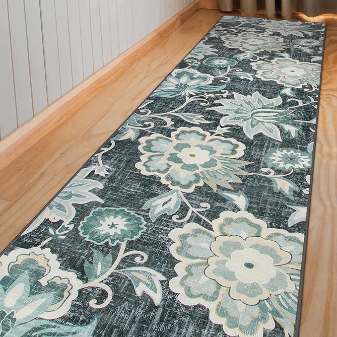 Beeiva Floral Carpet Runner Non Slip, Vintage Washable 2.5x12 Rug Runners for Hallways Non Slip, Ultra Thin Printed Distressed Blue Hallway Rug for Bedroom Bathroom Laundry