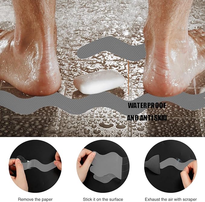 Anti Slip Shower Stickers, Adhesive Decals Safety Strips with Scraper for Bath Tub, Shower Floor, Stairs, 24 Pieces (Gray)