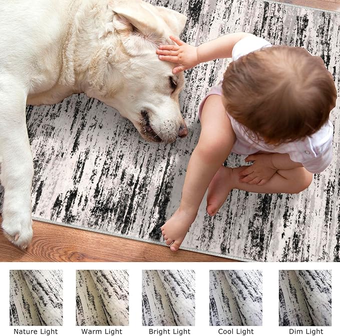 Modern Abstract Hallway Runner Rug, White Black Grey Taupe Washable Kitchen Runner Non-Slip Soft 2x8 Runner Rug Thin Print Faux Wool Carpet for Entryway Bedroom Laundry Room Indoor Home Decor