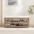 2 Tier Shoe Rack Bench with Cushion, Solid Wood Shoe Benches, Mid-Century Modern Shoe Storage Bench for Entryway, Hallway, Living Room, Closet, Front Door Entrance, (Beige, 46.5")