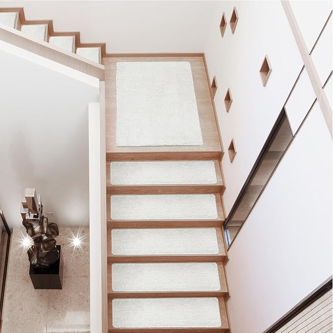 PURE ERA Carpet Stair Treads Ultra Plush Soft Indoor Stair Protectors Pet-Friendly Non-Slip Skid Resistant Tape Free Washable Reusable 8 x 30 inch (2 Pieces,White)