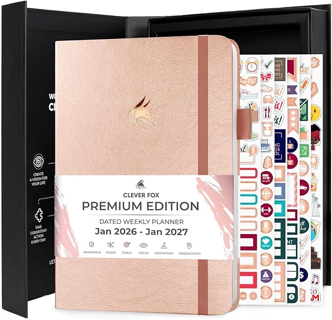 Clever Fox Dated Planner Premium 2026 – Weekly Agenda for Planning & Time Management –Notebook with Habit Tracker & To-do List (Rose Gold)