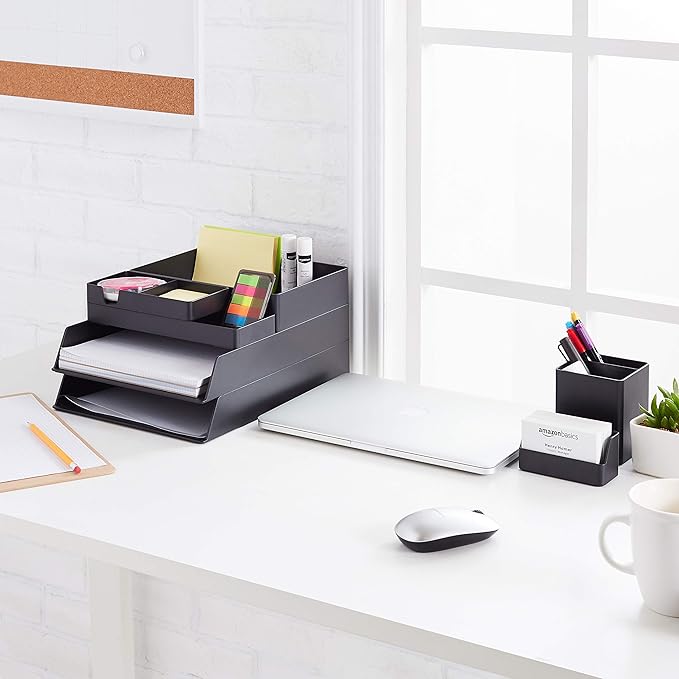 Amazon Basics Rectangular Plastic Desk Organizer Bundle (3 pieces) Half Accessory Tray, Small, Black