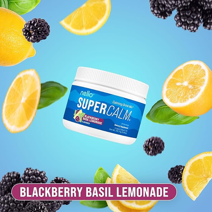 Nello Supercalm Powdered Drink Mix Tub, Cortisol Reducer* and Sleep Aid Supplement, L Theanine, Ksm-66 Ashwagandha, Magnesium Glycinate, Vitamin D 3, No Sugar, Non GMO, 30 Ct, BlackBerry Basil