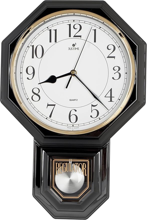 JUSTIME Traditional Schoolhouse Easy to Read Regulator Wall Clock, Chiming Wall Clocks with Pendulum & Westminster Chime Hourly, Schoolhouse Wall Decor Battery Operated (Gun Metal)