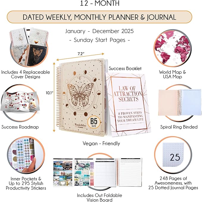Manifestation Journal – Hourly, Weekly & Monthly Planner with Productivity App | 12-Month Life Organizer & Goal Planner | Spiral Journal, Habit Tracker, Foldable Vision Board & Gift Box